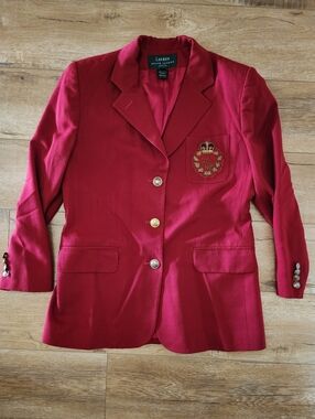 Vtg USA MADE LAUREN Ralph Lauren Women 8 PETITE Crown Crest Red Blazer 100% Wool